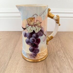ANTIQUE 1900s AMERICAN WILLETS BELLEEK PITCHER JAR Hand Painted Grapes 6.5”